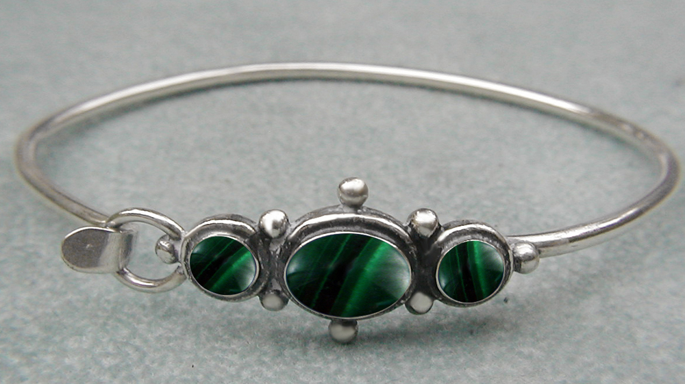 Sterling Silver Victorian Inspired Strap Latch Spring Hook Bangle Bracelet with Malachite